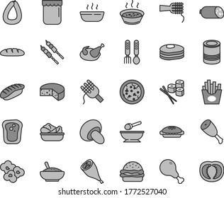 Thin line gray tint vector icon set - deep plate with a spoon vector, iron fork spoons, sausage, stick of, cheese, loaf, tin, pizza, burger, spaghetti, noodles, porcini, pie, bowl rice porridge, hot