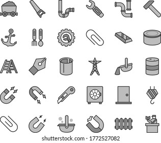Thin line gray tint vector icon set - clip vector, iron fork spoons, hook, hand saw, ladder, siphon, ntrance door, star gear, stationery knife, new radiator, hammer, anchor, strongbox, canned goods