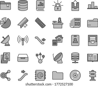 Thin line gray tint vector icon set - add bookmark vector, folder, archive, upload data, estimate, book, big, server, address, drawer, satellite dish, connections, chart, pie charts, on statistics