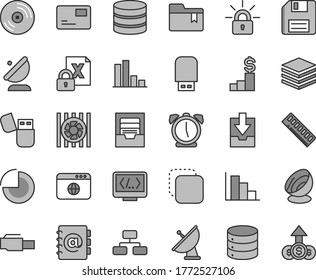Thin line gray tint vector icon set - floppy disk vector, pie chart, positive histogram, archive, download data, folder bookmark, alarm clock, CD, big, pile, flowchart, address book, pass card, copy