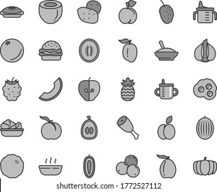 Thin line gray tint vector icon set - mug for feeding vector, measuring cup, burger, pie, a bowl of buckwheat porridge, hot, lettuce in plate, chicken thigh, cabbage, omelette, apple, orange, peach