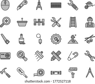 Thin line gray tint vector icon set - paint roller vector, zoom, open pin, electronic thermometer e, garden trolley, small tools, arm saw, measuring tape, wooden brush, stepladder, building level