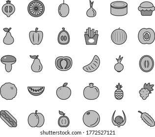 Thin line gray tint vector icon set - canned goods vector, Hot Dog, mushroom, cake, cabbage, beet, French fries, a pineapple, pear, orange, apple, half apricot, pomegranate, grape, of medlar, slice