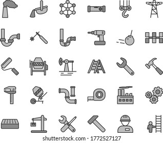 Thin line gray tint vector icon set - workman vector, winch hook, concrete mixer, small tools, cordless drill, measuring tape, new roller, ladder, siphon, sewerage, construction level, ceramic tiles