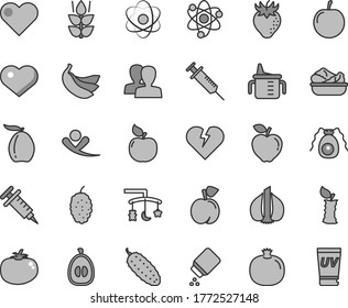 Thin line gray tint vector icon set - heart symbol vector, women, toys over the cradle, measuring cup for feeding, baby powder, broken, lettuce in a plate, cucumber, tomato, mint, peach, pomegranate