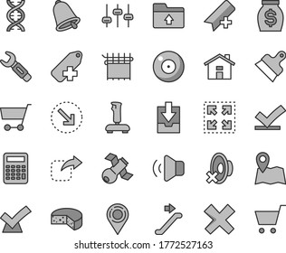 Juego de iconos de vectores de tonos grises de línea delgada - vectores de casa, cámara, añadir marcador, cruz, modo silencioso, etiqueta, descargar datos de archivo, carpeta de carga, cuchillo insignificante, campana, volumen, tamaño, mover a la derecha, flecha inferior