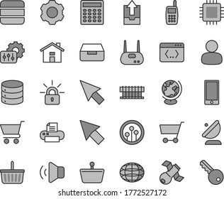 Thin line gray tint vector icon set - house vector, grocery basket, upload archive data, smartphone, big, volume, drawer, cart, satellite antenna, shopping, man, globe, mobile phone, radiator fan