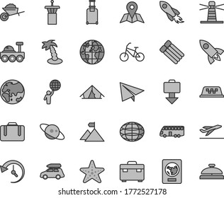 Thin line gray tint vector icon set - paper airplane vector, garden trolley, suitcase, map, planet, lighthouse, space rocket, globe, history, saturn, lunar rover, man hold world, mountain flag, bus