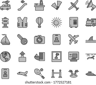 Thin line gray tint vector icon set - earth vector, plane, train, sail boat, air balloon, escalator, rope barrier, identity card, baggage, atm, hotel, beach, sun, flippers, camera, photo, tennis