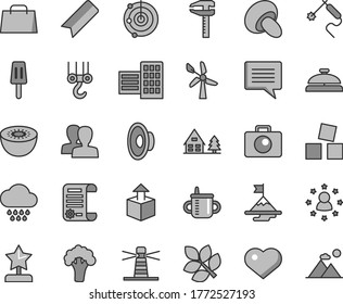 Thin line gray tint vector icon set - heart symbol vector, image of thought, bookmark, women, loudspeaker, mug for feeding, cloud, cubes children, winch hook, city block, camera, unpacking, porcini