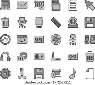 Juego de iconos vectoriales de tono gris de línea delgada - vector de pc para portátiles, ventilador, fuente de alimentación, cpu, memoria, tarjeta de gpu, cámara web, router, flash usb, auriculares, altavoz, red, papelera, disquete, codificación, nota, sd