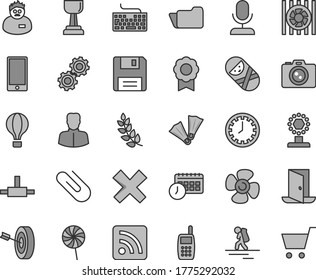 Thin line gray tint vector icon set - clock face vector, keyboard, cross, rss feed, tumbler, smartphone, clip, lollipop, fan screw, woman, agenda, mobile phone, radiator, folder, connect, floppy