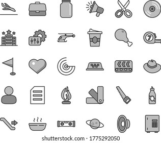 Thin line gray tint vector icon set - heart symbol vector, scissors, hat, loudspeaker, pennant, arm saw, long meashuring tape, color samples, building level, CD, hot porridge, chicken leg, liquor