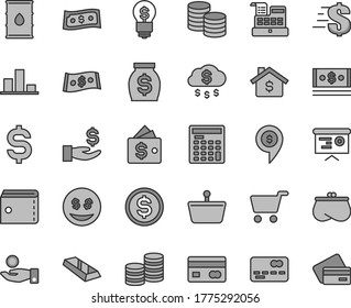 Thin line gray tint vector icon set - purse vector, dollar, coins, oil, shopping cart, basket, reverse side of a bank card, front the, chart, denomination, get wage, catch coin, money, cash, machine