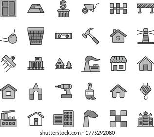 Thin Line Gray Tint Vector Icon Set - House Vector, Wicker Pot, Box Of Bricks, Dwelling, Hook, Building Trolley, Window, Cordless Drill, Wooden Paint Brush, Level, City Block, Tile, Ceramic Tiles