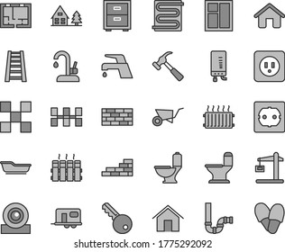 Thin line gray tint vector icon set - bedside table vector, bath, house, brickwork, brick wall, building trolley, window, stepladder, toilet, comfortable, siphon, lay out of flat, f, tile, radiator
