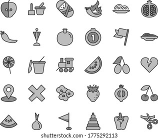 Thin line gray tint vector icon set - cross vector, pennant, stacking toy, tumbler, sand set, children's, baby train, broken heart, flag, onion, slices of, peper, lollipop, popcorn, cherry, half