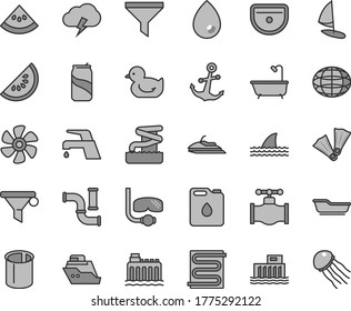 Thin line gray tint vector icon set - baby duckling vector, bath, sink, heating coil, faucet mixer, drop, anchor, storm cloud, soda can, slice of water melon, marine propeller, valve, pipes, filter