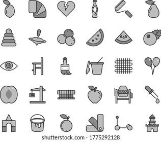 Thin line gray tint vector icon set - stacking rings vector, children's sand set, a chair for feeding, small yule, box of bricks, colored air balloons, Kick scooter, concrete mixer, paint bucket