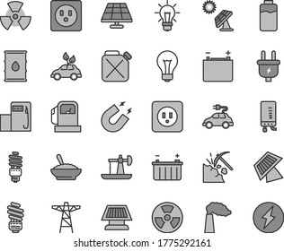 Thin line gray tint vector icon set - matte light bulb vector, saving, power socket type b, electronic boiler, a bowl of buckwheat porridge, charge level, solar panel, big, oil derrick, coal mining