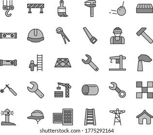 Thin line gray tint vector icon set - repair key vector, crane, tower, winch hook, adjustable wrench, arm saw, wooden paint brush, stepladder, construction level, building, city block, tile, helmet