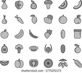 Thin line gray tint vector icon set - mushroom vector, a plate of milk, carrot, jam, pear, peach, apple, grape, tasty, blueberry, slice melon, water, goji berry, date fruit, tangerine, half loquat