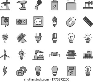 Thin line gray tint vector icon set - matte light bulb vector, hook, drill, power socket type f, lightning, dangers, charging battery, oil derrick, windmill, factory, accumulator, electric plug