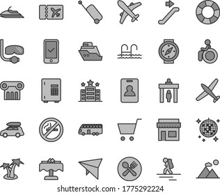 Thin line gray tint vector icon set - plane vector, car baggage, bus, hang glider, backpacker, escalator, identity card, security gate, ticket, phone registration, rolling case, palm tree, pool