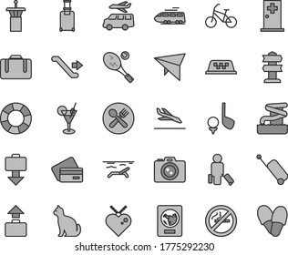 Thin line gray tint vector icon set - train vector, taxi, hang glider, bike, airport tower, escalator, passenger, suitcase, rolling, passport, case, baggage, getting, arrival, credit card, beach