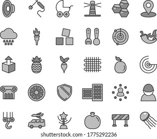 Thin line gray tint vector icon set - loudspeaker vector, baby stroller, cloud, plastic fork spoons, cubes for children, winch hook, city block, traffic signal, unpacking, chili, honeycombs, guava