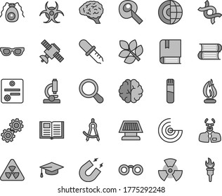 Thin line gray tint vector icon set - vector e, books, book, test tube, microscope, glasses, nuclear, zoom, dna, brain, gears, satellite, bactery, biohazard, pipette, magnet, flame, scientist, radar