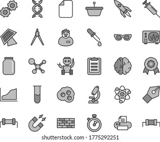 Thin line gray tint vector icon set - brickwork vector, omelette, jar, pan, printer, file, test tube, microscope, molecule, atom, glasses, dna, brain, gears, pipette, oscilloscope, magnet, scientist