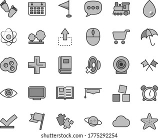 Thin line gray tint vector icon set - alarm clock vector, plus, silent mode, pennant, children's tracks, cubes for children, Puzzle, eye, book, drop, umbrella, flag, lens, move up, omelette, trees