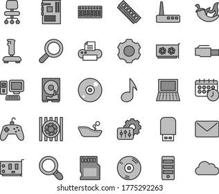 Thin line gray tint vector icon set - magnifier vector, children's bathroom, chili, computer, notebook pc, radiator fan, keyboard, tower, motherboard, memory, card, gpu, hdd, router, cd, printer, sd