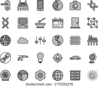 Thin line gray tint vector icon set - calendar vector, spectacles, chest of drawers, plates and spoons, bulb, door knob, ntrance, camera, earth, smartphone, lens, planet, industrial factory, weaving