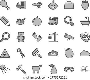 Thin line gray tint vector icon set - danger of electricity vector, magnifier, small teddy bear, funny hairdo, children's tracks, adjustable wrench, paint roller, bath, hammer with claw, 24, chicken