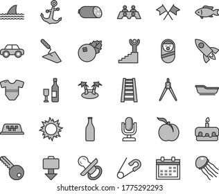 Graue dünne Linie, Vektorsymbol-Set - Desktop-Mikrofon-Vektorgrafik, Kalender, Nippel, kurz, offener Stift, Bad, Kraftfahrzeug, roly-Poly-Puppe, Darm, Stepladder, Schlüssel, Anker, Wurst, Fisch, Wein