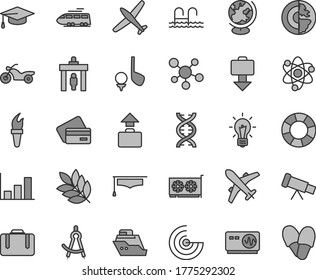 Thin line gray tint vector icon set - gpu card vector, telescope, molecule, atom, dna, bulb, globe, oscilloscope, graduate hat, drawing compass, growth graph, radar, earth core, biology, flame torch