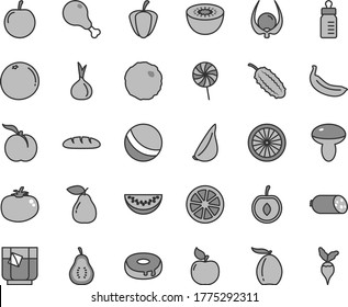 Thin line gray tint vector icon set - feeding bottle vector, bath ball, sausage, loaf, mushroom, cake with a hole, chicken leg, cabbage, tomato, garlic, lollipop, glass of tea, ripe peach, pear