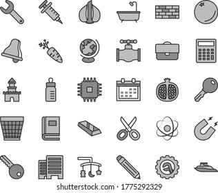 Thin line gray tint vector icon set - bell vector, scissors, calendar, wicker pot, graphite pencil, calculator, toys over the cradle, feeding bottle, brickwork, bath, key, buildings, star gear, cpu