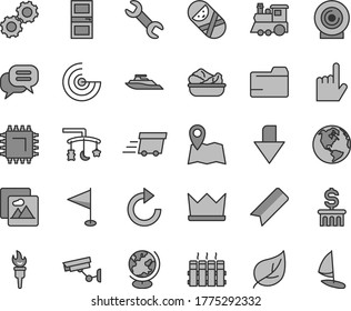 Thin line gray tint vector icon set - downward direction vector, bookmark, folder, clockwise, pennant, toys over the cradle, tumbler, children's train, interroom door, radiator, index finger, lens