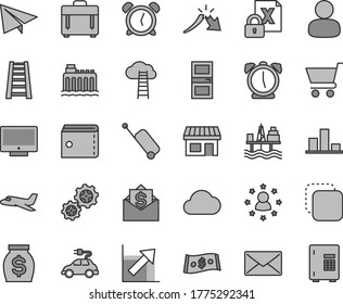 Thin line gray tint vector icon set - alarm clock vector, purse, paper airplane, growth chart, stepladder, interroom door, case, screen, cart, copy, commercial seaport, hydroelectricity, gears, man