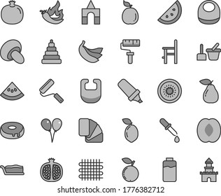 Thin line gray tint vector icon set - paint roller vector, bib, baby, stacking toy, sand set, a chair for feeding, box of bricks, colored air balloons, new, sample colour, porcini, cake slice, half