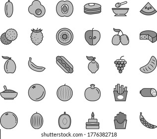 Thin line gray tint vector icon set - deep plate with a spoon vector, sausage, cheese, Hot Dog, birthday cake, bowl of rice porridge, French fries, fried potato slices, egg, biscuit, pancakes, melon