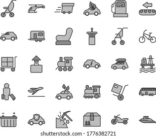 Thin line gray tint vector icon set - cargo trolley vector, Baby chair, summer stroller, sitting, toy train, cardboard box, shipment, sea port, coal mining, gas station, battery, production conveyor