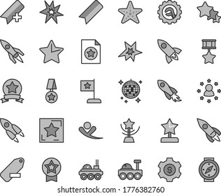 Thin line gray tint vector icon set - add bookmark vector, remove label, star gear, rocket, space, lunar rover, bang, cup, reward, flag, medal, hero, ribbon, certificate, dollar, stars around man