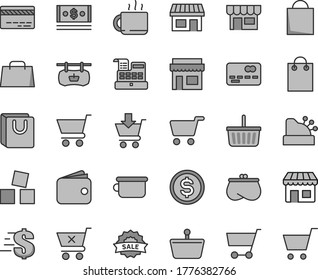 Thin line gray tint vector icon set - paper bag vector, grocery basket, bank card, dollar, children's potty, cubes for children, cart, put in, crossed, with handles, kiosk, cup of tea, stall, wallet