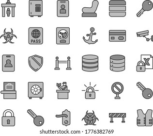 Thin line gray tint vector icon set - prohibition vector, Baby chair, key, door knob, road fence, lock, anchor, passport, big data, strongbox, reverse side of a bank card, encrypting, biohazard