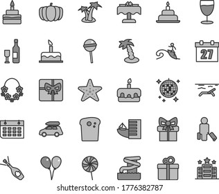 Thin line gray tint vector icon set - daily calendar vector, colored air balloons, cake, birthday, gift, Easter, torte, Chupa Chups, lollipop, glass, pumpkin, wall, giftbox, wine, champagne, hotel