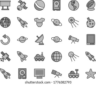 Thin line gray tint vector icon set - monitor vector, counterclockwise, t short, bath ball, earth, artificial satellite, planet, billboard, rocket, space, tablet pc, hdd, telescope, antenna, saturn